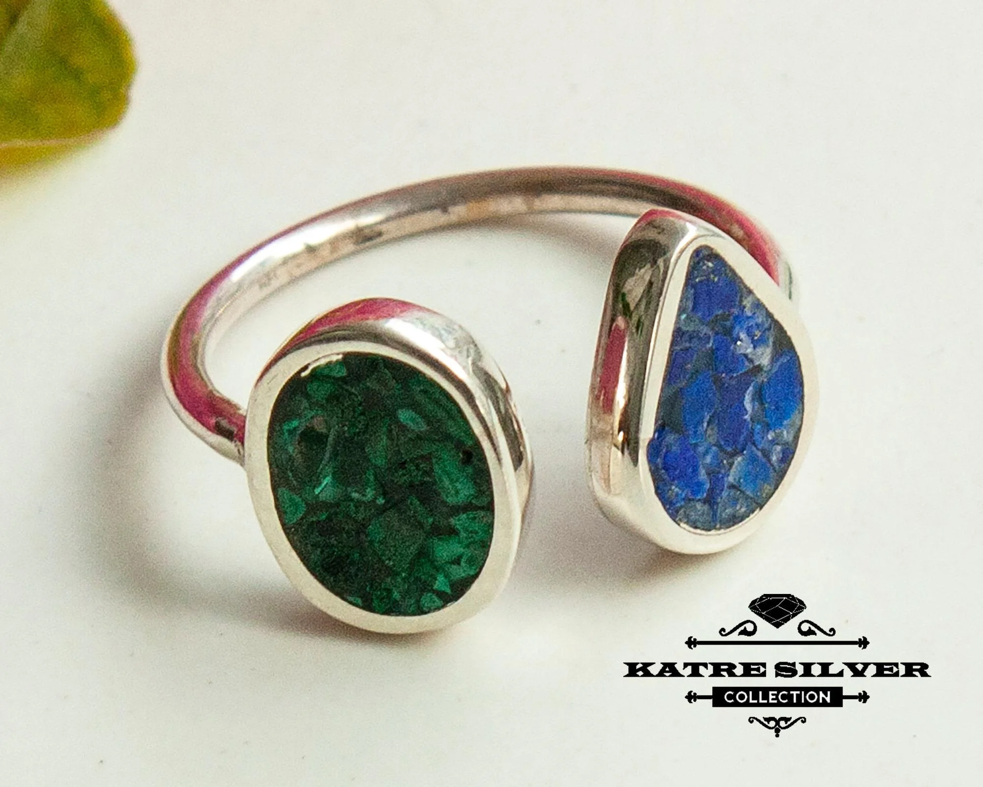 Mosaic Lapis Malachite Ring – Stunning 925 Sterling Silver Geometric Open Ring, Adjustable Handmade Statement Jewelry Gift for Women - Image 4