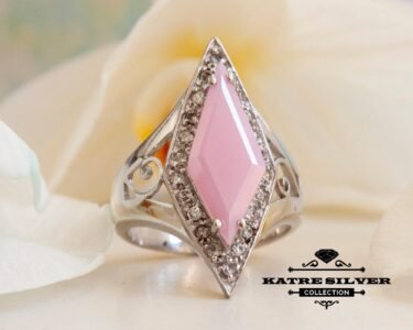 Stunning Powder Pink Ring 925 Sterling Silver – Art Deco Pink Statement Ring, Vintage Long Ring for Women - Image 3