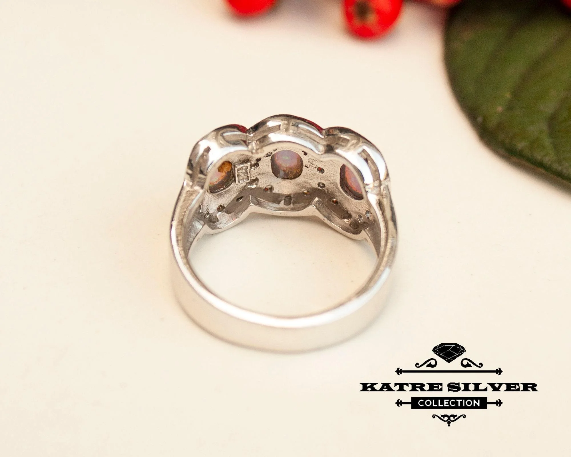 Stunning Blue Opal Three Stone Ring 925 Sterling Silver – Unique Handmade Opal Ring, Elegant Designer Statement Ring for Women - Image 7