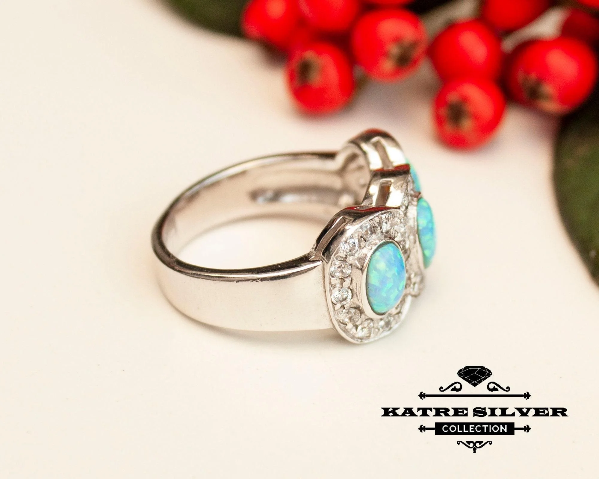 Stunning Blue Opal Three Stone Ring 925 Sterling Silver – Unique Handmade Opal Ring, Elegant Designer Statement Ring for Women - Image 6