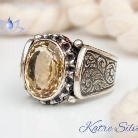 Yellow Citrine Vintage Mens Ring, Citrine Crystal Ring, Silver Citrine Ring, Yellow Gemstone Ring, Citrine Jewelry, Gift for Him