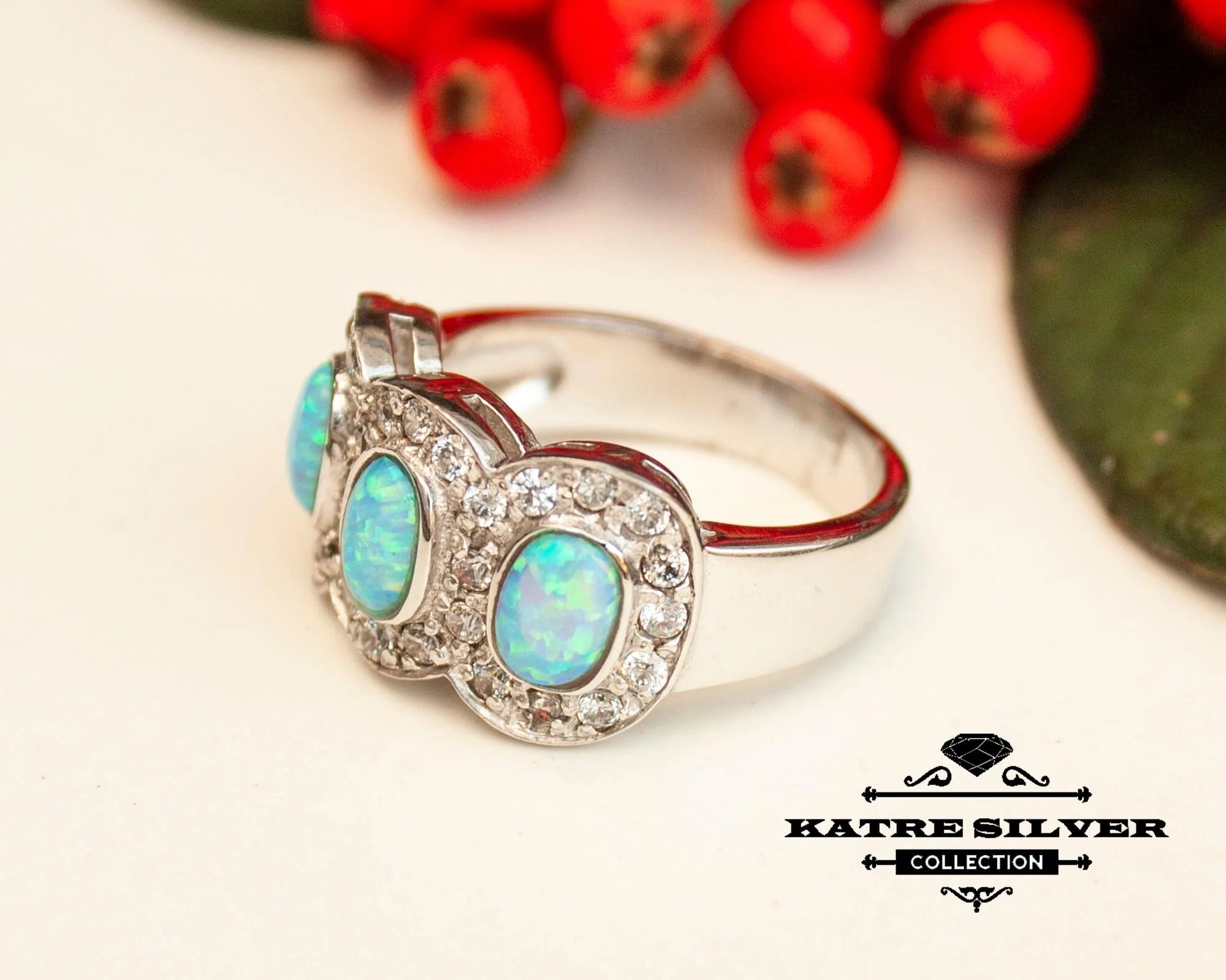 Stunning Blue Opal Three Stone Ring 925 Sterling Silver – Unique Handmade Opal Ring, Elegant Designer Statement Ring for Women - Image 4