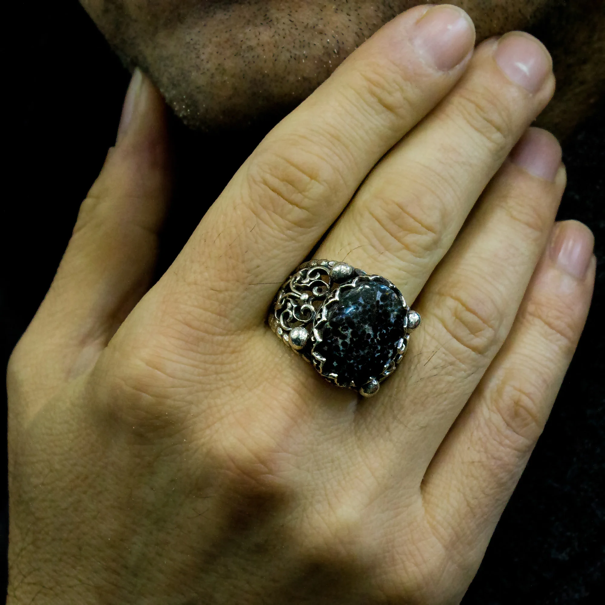 Black Obsidian Ring, Black and White Ring, Designs Unique Ring, Victorian Steam Punk, Snowflake Obsidian Men Ring, Rings for Men - Image 2