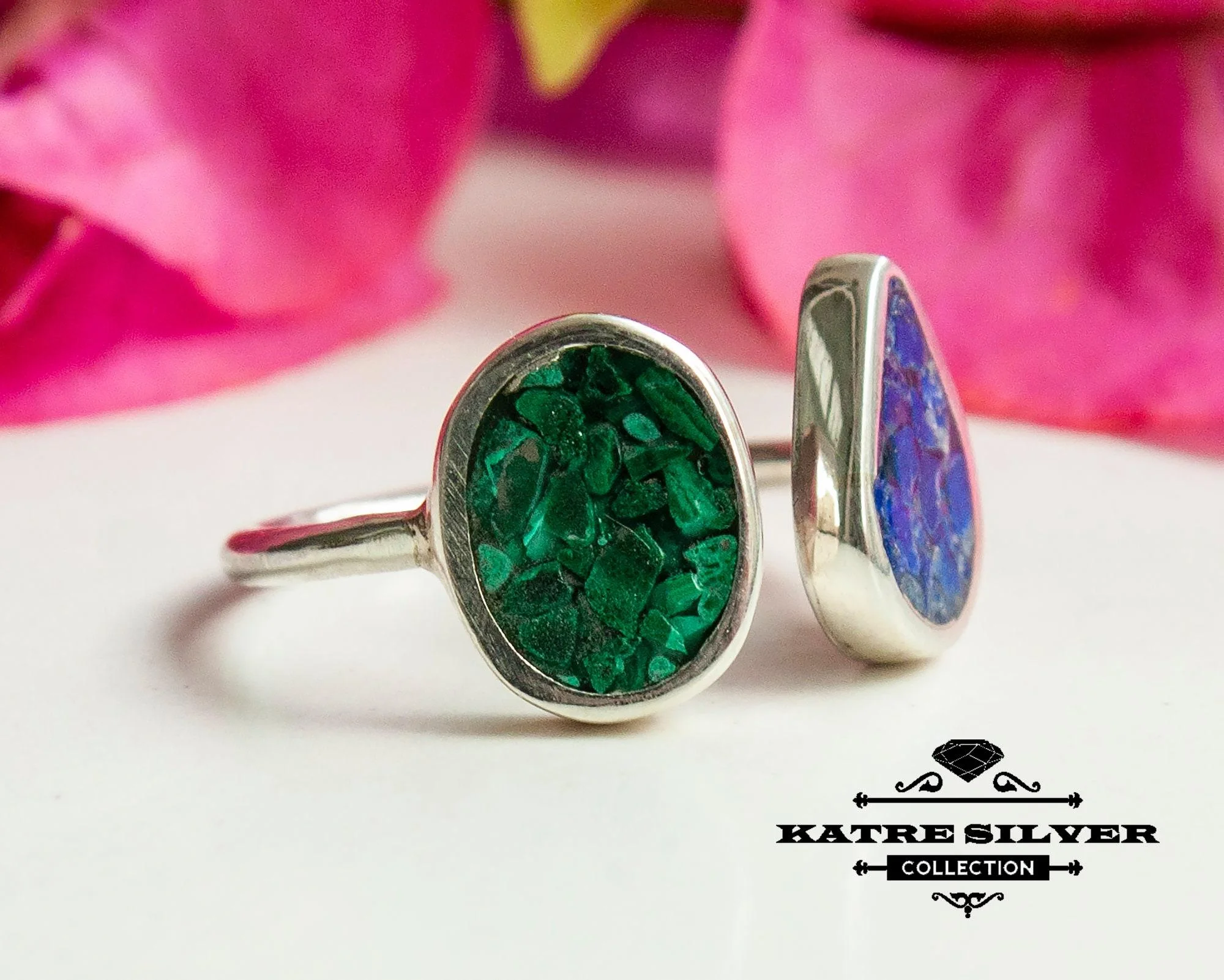 Mosaic Lapis Malachite Ring – Stunning 925 Sterling Silver Geometric Open Ring, Adjustable Handmade Statement Jewelry Gift for Women - Image 3