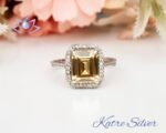 Halo Engagement Ring Yellow Citrine, Emerald Octagon Cut Citrine Ring, Sterling Silver Ring Natural Citrine Engagement Ring Gift for Her - Image 3