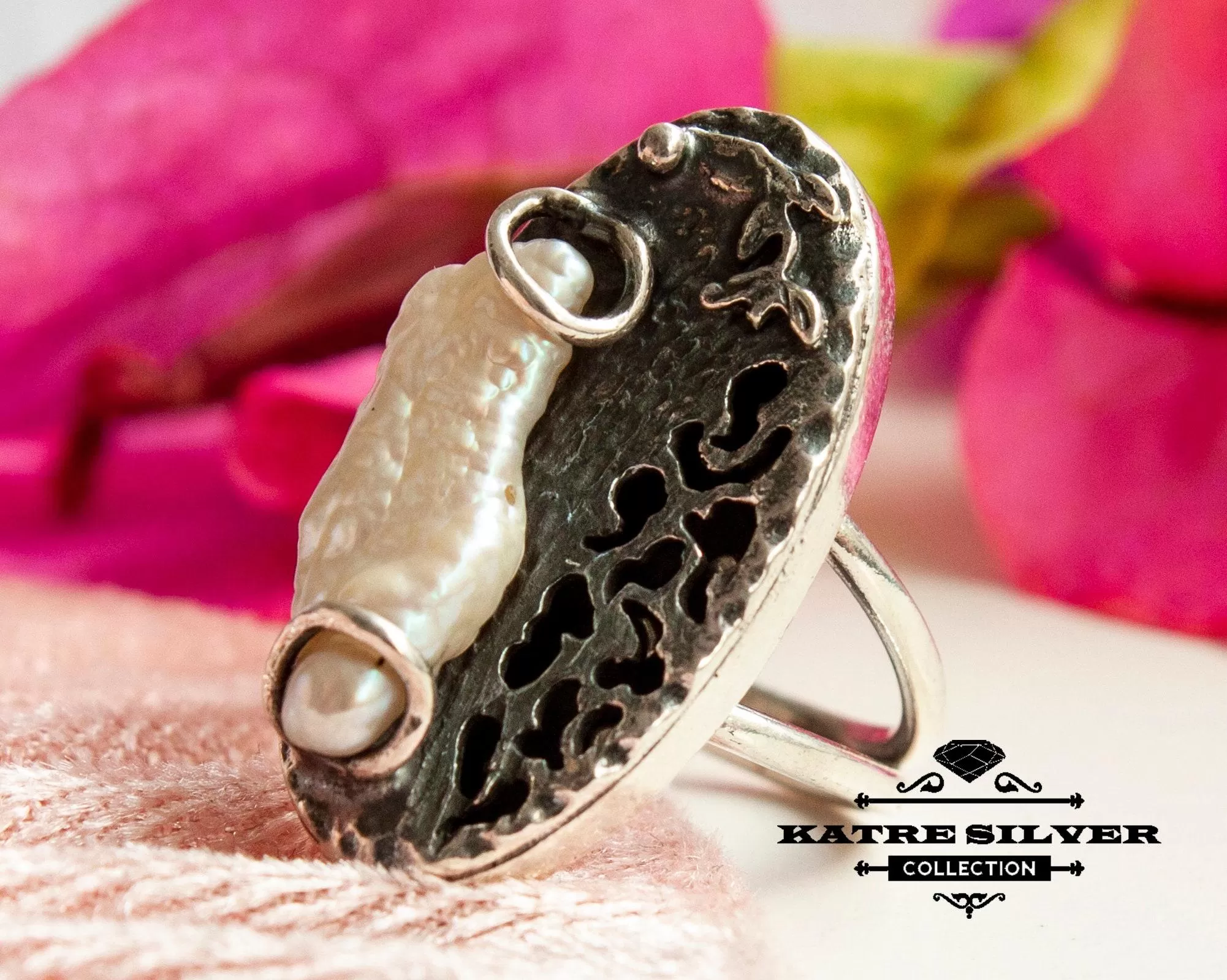 Unique Vintage Pearl Ring 925 Sterling Silver – Elegant Statement Pearl Ring, Handmade Silver Ring for Her - Image 4