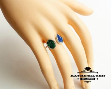 Mosaic Ring, Lapis Ring, Malachite Ring, Mosaic Stone, Lapis Lazuli Ring, Open Ring, Adjustable Ring, Mosaic Jewelry, Geometric Ring, Vintage - Image 2