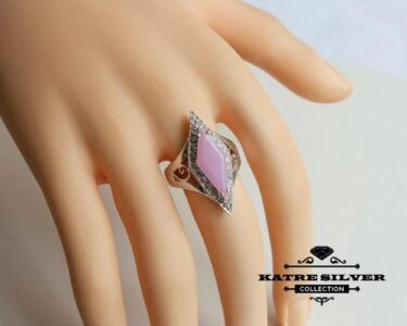 Stunning Powder Pink Ring 925 Sterling Silver – Art Deco Pink Statement Ring, Vintage Long Ring for Women - Image 2