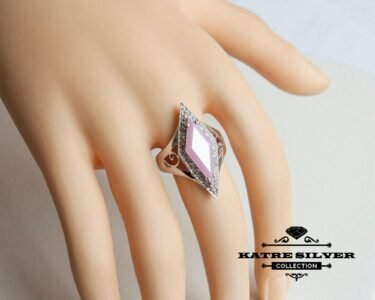 Stunning Powder Pink Ring 925 Sterling Silver – Art Deco Pink Statement Ring, Vintage Long Ring for Women - Image 4