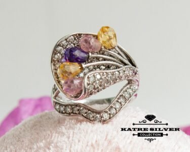 Stunning Tricolor Ring 925 Sterling Silver – Multi Stone Statement Ring, Unique Colorful Gemstone Ring for Her - Image 3