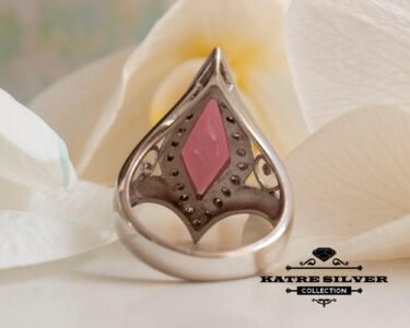 Stunning Powder Pink Ring 925 Sterling Silver – Art Deco Pink Statement Ring, Vintage Long Ring for Women - Image 9