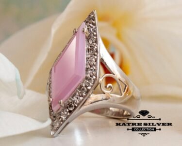 Stunning Powder Pink Ring 925 Sterling Silver – Art Deco Pink Statement Ring, Vintage Long Ring for Women - Image 5