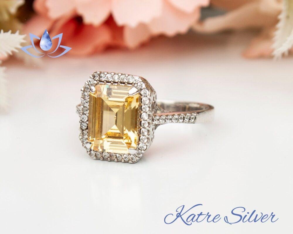 Halo Engagement Ring Yellow Citrine, Emerald Octagon Cut Citrine Ring, Sterling Silver Ring Natural Citrine Engagement Ring Gift for Her