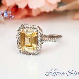 Halo Engagement Ring Yellow Citrine, Emerald Octagon Cut Citrine Ring, Sterling Silver Ring Natural Citrine Engagement Ring Gift for Her