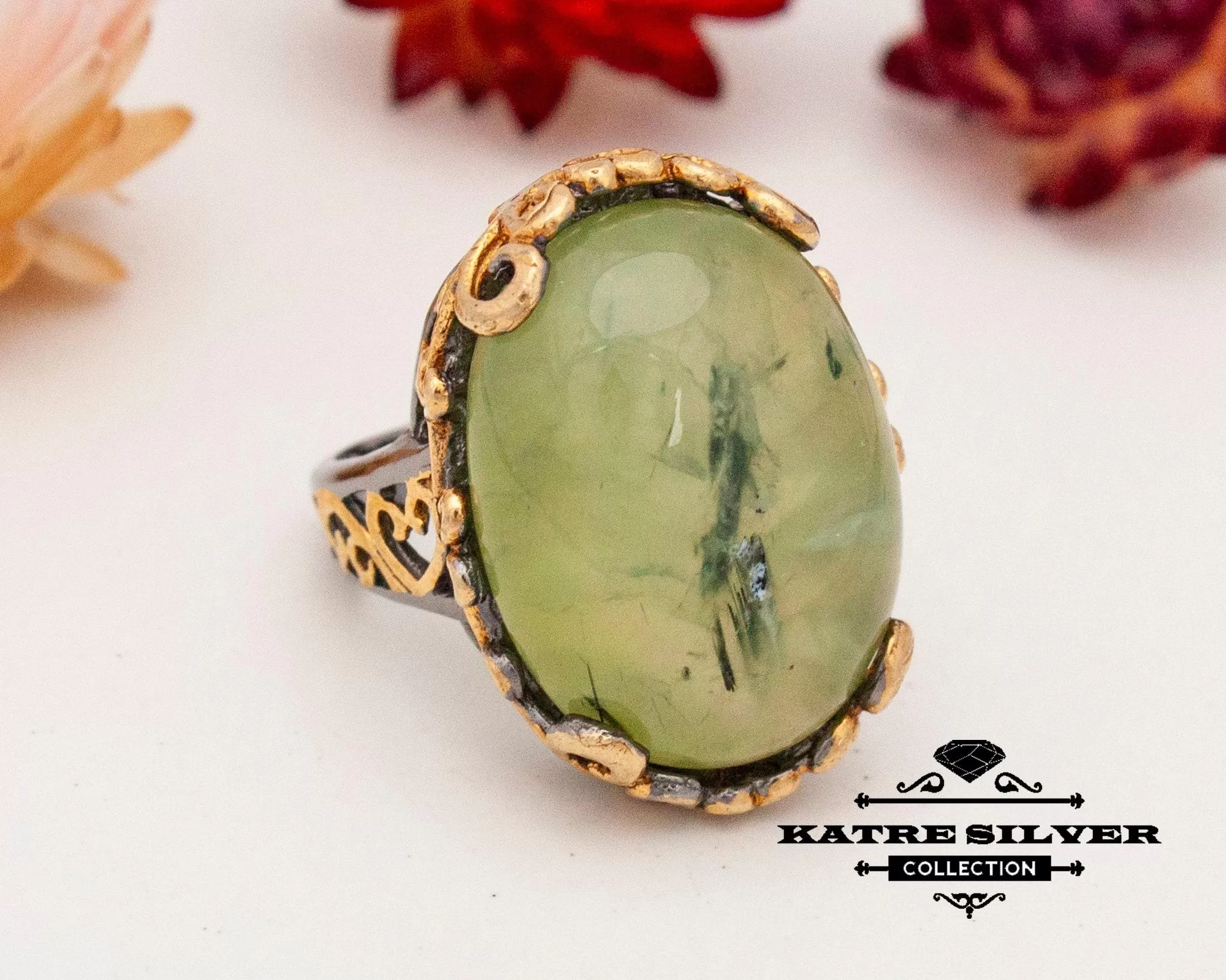 Prehnite Statement Ring 925 Sterling Silver – Handmade Green Gemstone Ring, Unique Elegant Designer Ring for Women - Image 3