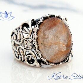 Golden Rutile Quartz Ring, The Edges of The Ring are Ivy, The Circumference of The Stone is Crown Patterned, Quartz Jewelry, Gift for Him