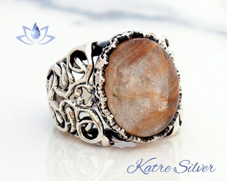 Golden Rutile Quartz Ring, The Edges of The Ring are Ivy, The Circumference of The Stone is Crown Patterned, Quartz Jewelry, Gift for Him