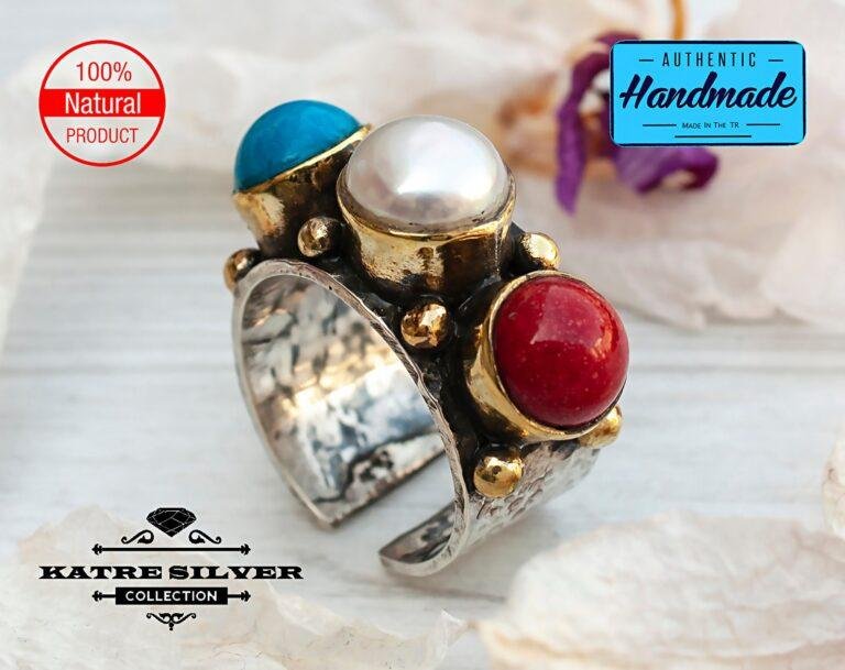 Native American Ring- Multi Gemstone Ring, American Patriotic Ring, Adjustable Ring