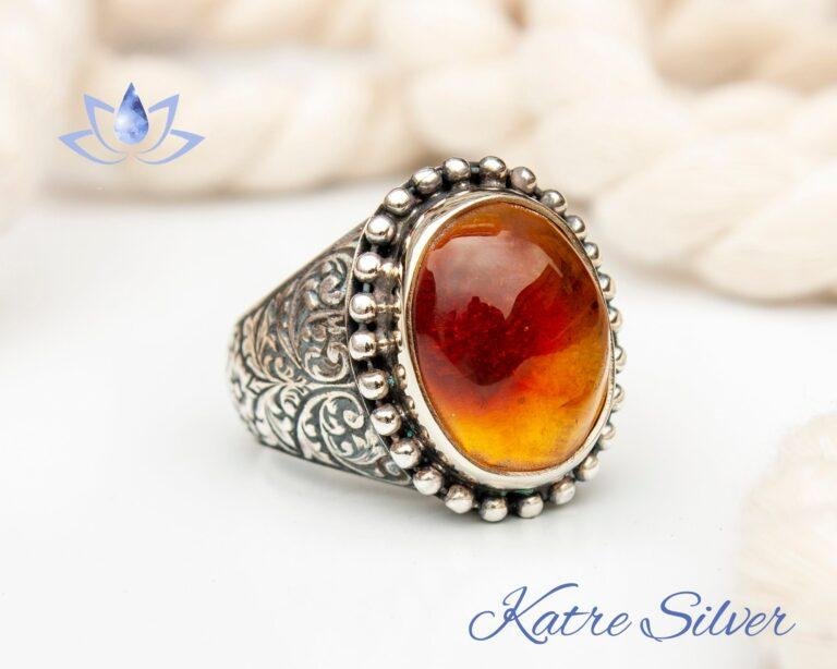 925 Silver Amber Ring, Vintage Silver Ring, Baltic Amber Ring, Mens Ring with Gemstone, Handmade Men Jewelry, Rings for Men, Mens Accessory