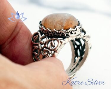 Golden Rutile Quartz Ring, The Edges of The Ring are Ivy, The Circumference of The Stone is Crown Patterned, Quartz Jewelry, Gift for Him - Image 9