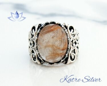 Golden Rutile Quartz Ring, The Edges of The Ring are Ivy, The Circumference of The Stone is Crown Patterned, Quartz Jewelry, Gift for Him - Image 3
