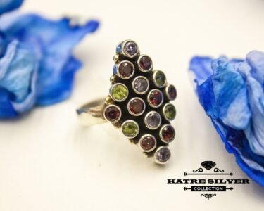 Unique Multi Color Gemstone Ring 925 Silver – Handmade Colorful Stone Boho Statement Ring One of a Kind Gift for Her - Image 5