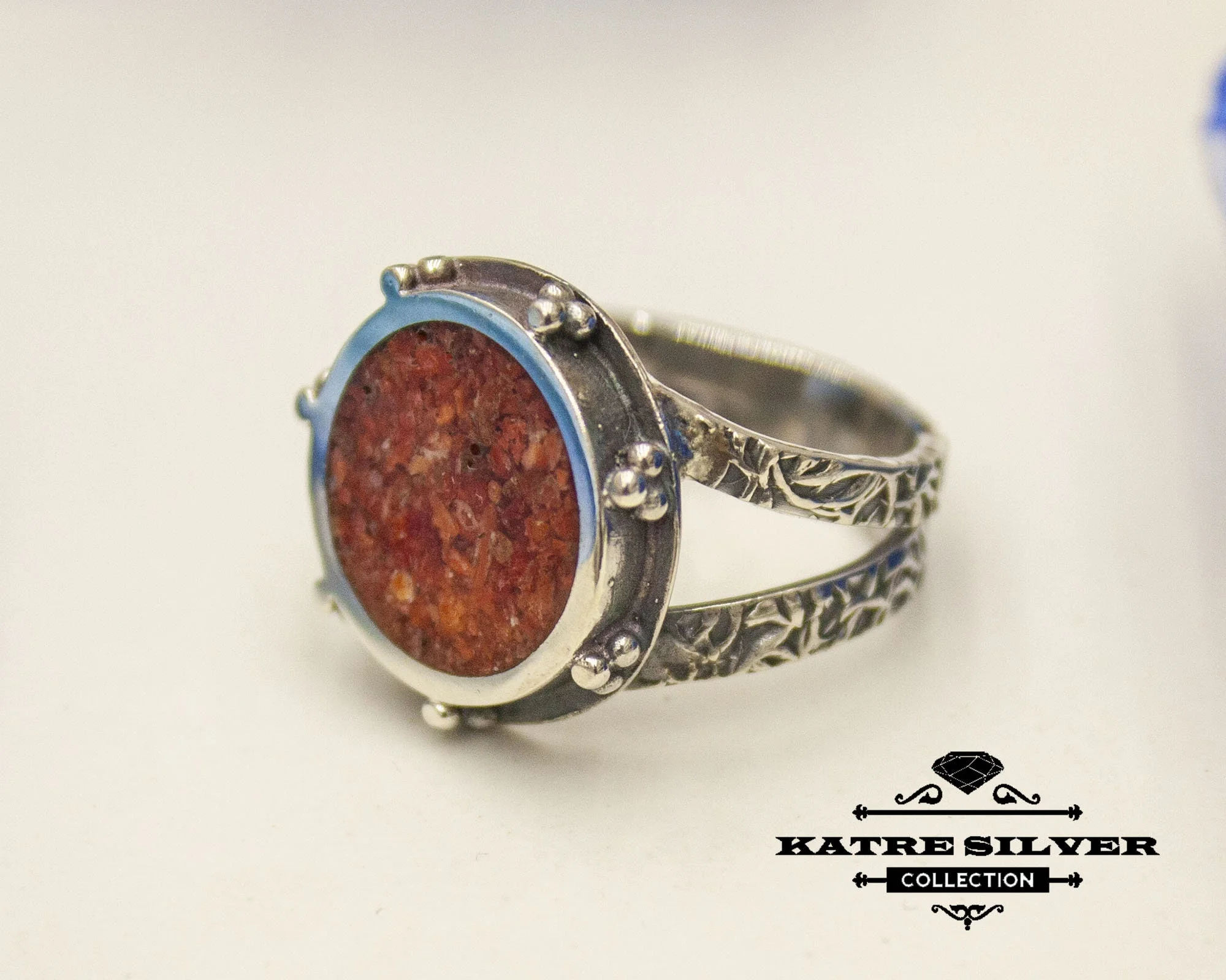 Coral Stone Silver Inlay Ring, Inlay Ring, Mosaic Jewelry, Boho Ring, 925 Silver Ring, Ring Jewelry, Handmade Ring, Gift for Her - Image 4