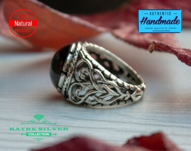 Silver Mens Ring Handcrafted Art, Real Turkish Pattern with Red/Black Stone with Heart and Exquisite Carved Design 3D Masterpiece Garnet - Image 5