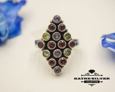 Unique Multi Color Gemstone Ring 925 Silver – Handmade Colorful Stone Boho Statement Ring One of a Kind Gift for Her - Image 3