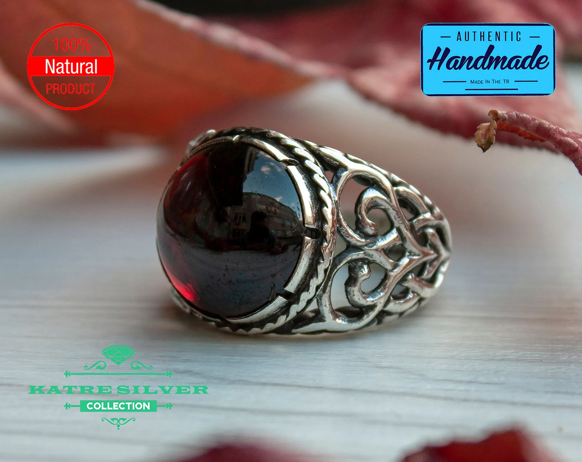 Unique Garnet Mens Ring Silver 925 – Handmade Turkish Statement Ring Red Stone Vintage Carved Design Gift for Him - Image 3
