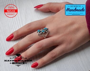 Unique Triple Stone Turquoise Ring Silver 925 – Handmade Boho Statement Navajo Style Gemstone Ring Gift for Her - Image 2