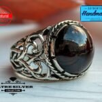 Silver Mens Ring Handcrafted Art, Real Turkish Pattern with Red/Black Stone with Heart and Exquisite Carved Design 3D Masterpiece Garnet