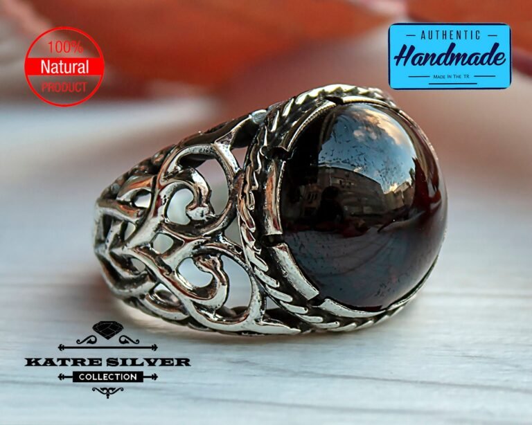 Silver Mens Ring Handcrafted Art, Real Turkish Pattern with Red/Black Stone with Heart and Exquisite Carved Design 3D Masterpiece Garnet