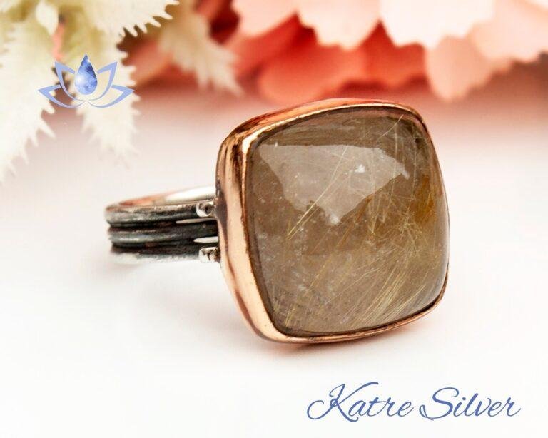 Natural Cushion Cut Golden Rutile Quartz Engagement Ring, Yellow Rutilated Quartz Solitaire Ring, One of a Kind Ring, Unique Gift for Wife