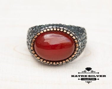 Unique Agate Turkish Mens Ring Silver 925 – Handmade Ottoman Bronze Detail Statement Ring Gift for Him - Image 3