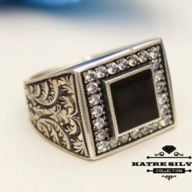 Mens Handmade Ring, Ottoman Mens Ring, Turkish Handmade Silver Men Ring, Black Stone Ring, Gift for Him, 925k Sterling Silver Ring