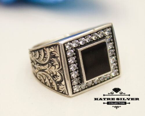Mens Handmade Ring, Ottoman Mens Ring, Turkish Handmade Silver Men Ring, Black Stone Ring, Gift for Him, 925k Sterling Silver Ring