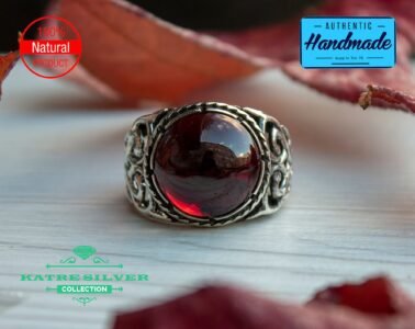 Silver Mens Ring Handcrafted Art, Real Turkish Pattern with Red/Black Stone with Heart and Exquisite Carved Design 3D Masterpiece Garnet - Image 2