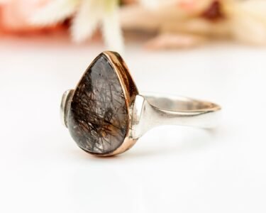 Pear Cut Natural Black Rutilated Quartz Ring, Sterling Silver Ring, Natural Quartz Ring, April Birthstone, Vintage Pear Ring, Gift for Her - Image 3