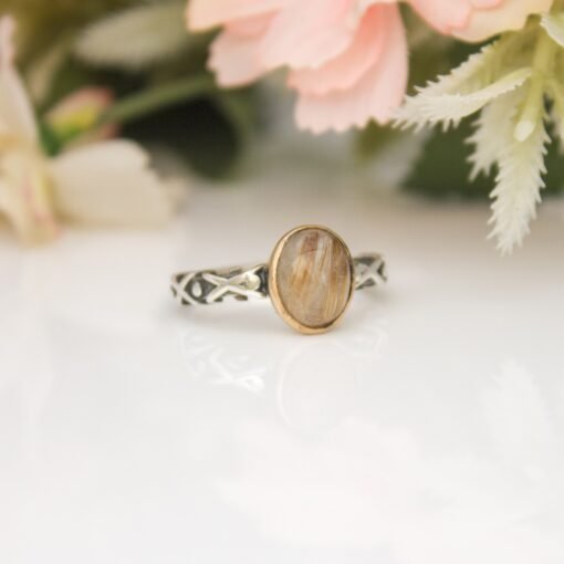 Oval Gold Rutilated Quartz Ring, Hand Made Ring for Women, Minimalist Gemstone Cabochon Ring, Statement Gift, Gemstone Jewelry Birthday Gift