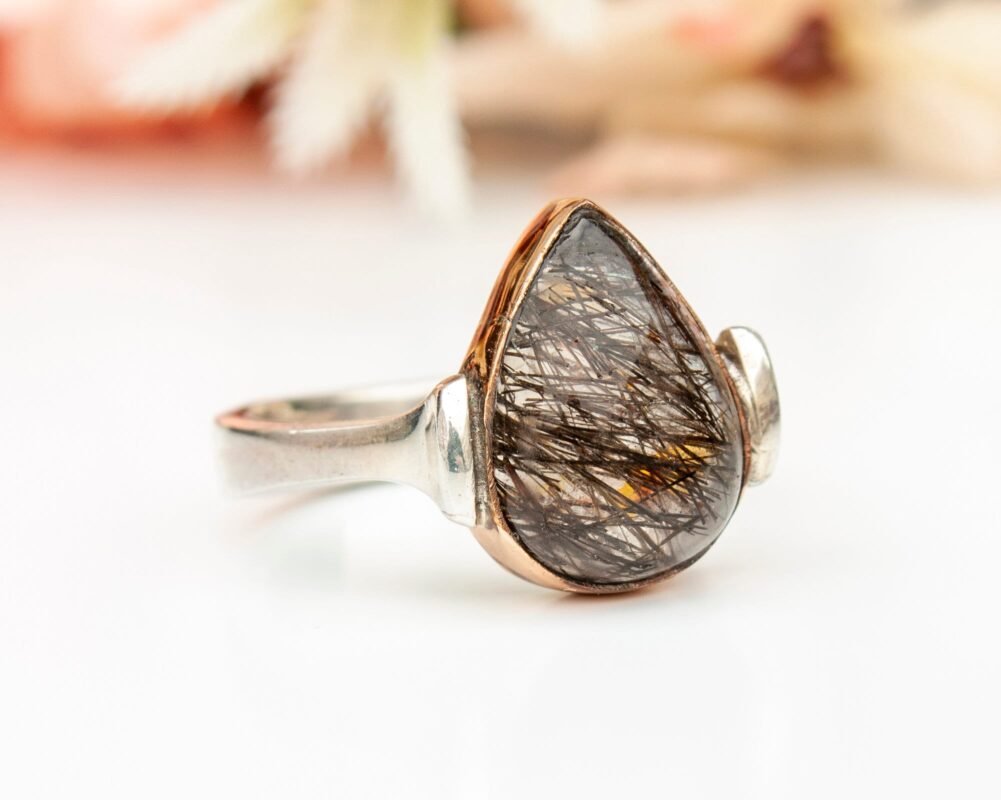 Pear Cut Natural Black Rutilated Quartz Ring, Sterling Silver Ring, Natural Quartz Ring, April Birthstone, Vintage Pear Ring, Gift for Her