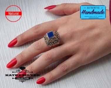 Unique Lapis Lazuli Ring Silver 925 – Handmade Square Turkish Snake Flower Design Gemstone Ring Gift for Her - Image 2