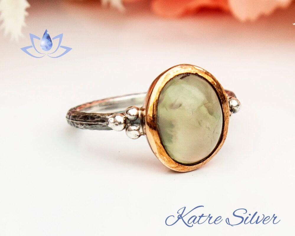 Green Prehnite Boho Ring, Sterling Silver Prehnite Ring, Silver Stacking Ring, Green Stone Ring, Silversmith Ring, Gift for Her