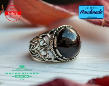 Silver Mens Ring Handcrafted Art, Real Turkish Pattern with Red/Black Stone with Heart and Exquisite Carved Design 3D Masterpiece Garnet - Image 4