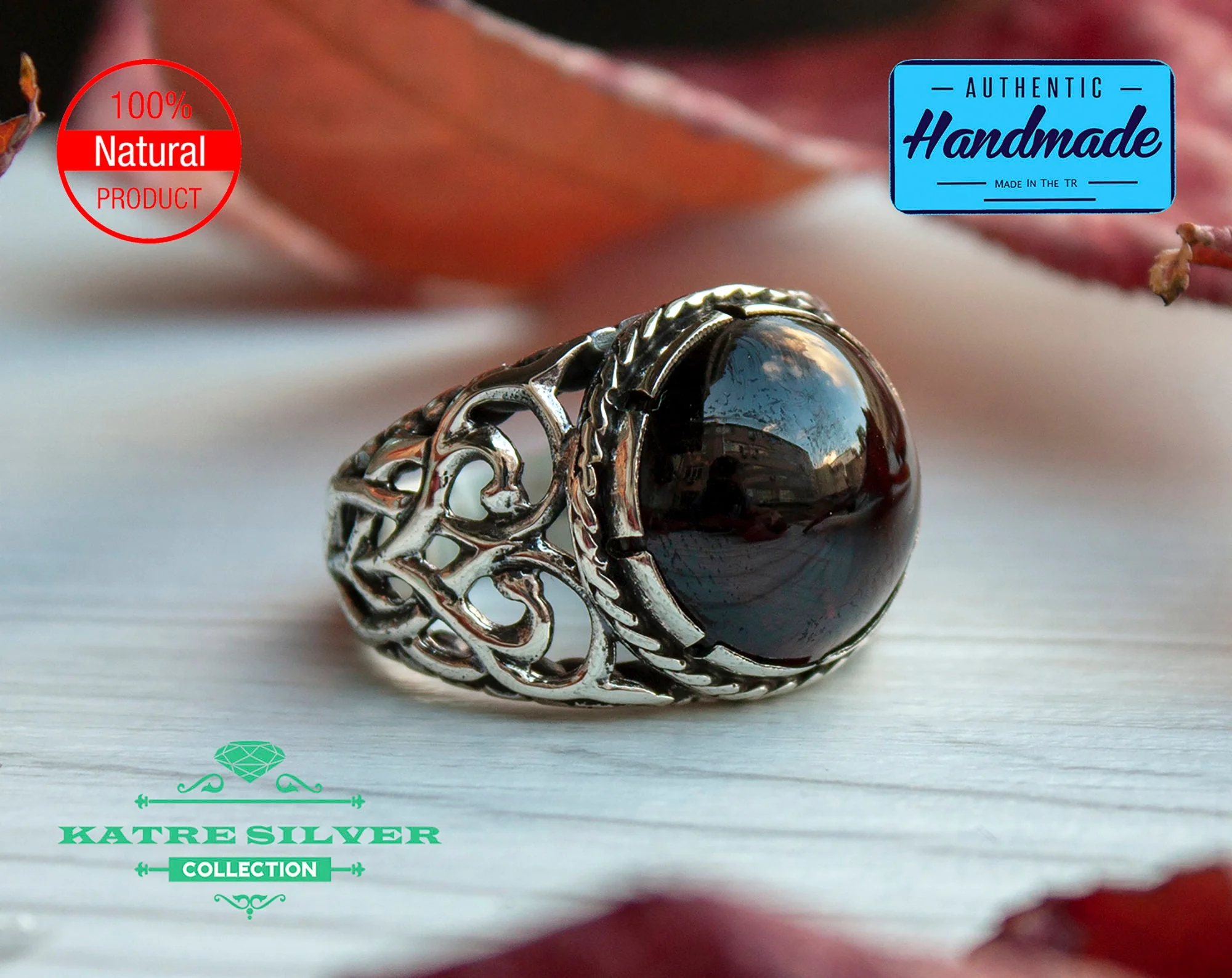 Unique Garnet Mens Ring Silver 925 – Handmade Turkish Statement Ring Red Stone Vintage Carved Design Gift for Him - Image 4