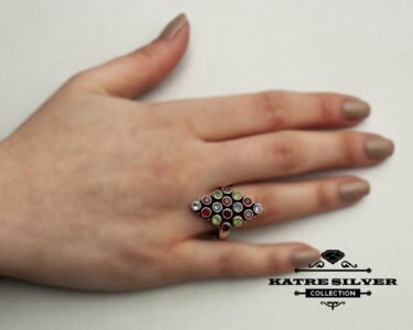 Unique Multi Color Gemstone Ring 925 Silver – Handmade Colorful Stone Boho Statement Ring One of a Kind Gift for Her - Image 2