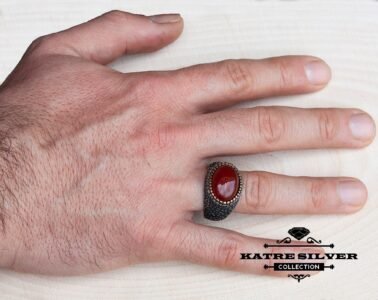 Unique Agate Turkish Mens Ring Silver 925 – Handmade Ottoman Bronze Detail Statement Ring Gift for Him - Image 2