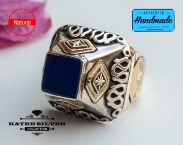 Unique Lapis Lazuli Ring Silver 925 – Handmade Square Turkish Snake Flower Design Gemstone Ring Gift for Her - Image 4