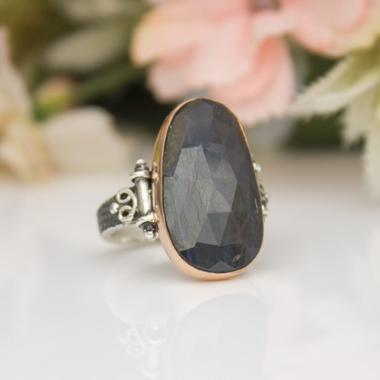 Antique Sapphire Ring for Women, Unique Dark Blue Sapphire Stone, Hand Made Silver Ring, Anniversary Gifts