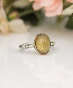 Oval Gold Rutilated Quartz Ring, Hand Made Ring for Women, Minimalist Wrapped Pattern Ring, Statement Gift, Gemstone Jewelry Birthday Gift